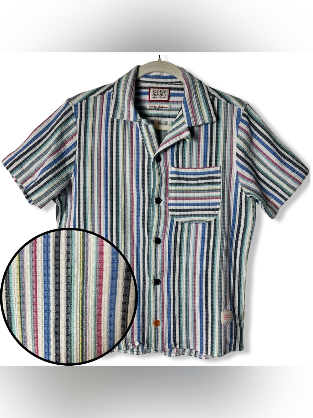 Scotch Soda Men’s Relaxed Fit‎ Seersucker Multi Stripe Camp Shirt Mens Sz S